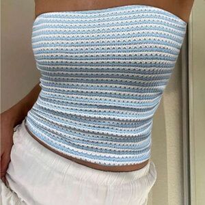 Striped Blue & White Strapless Knit Tube Top